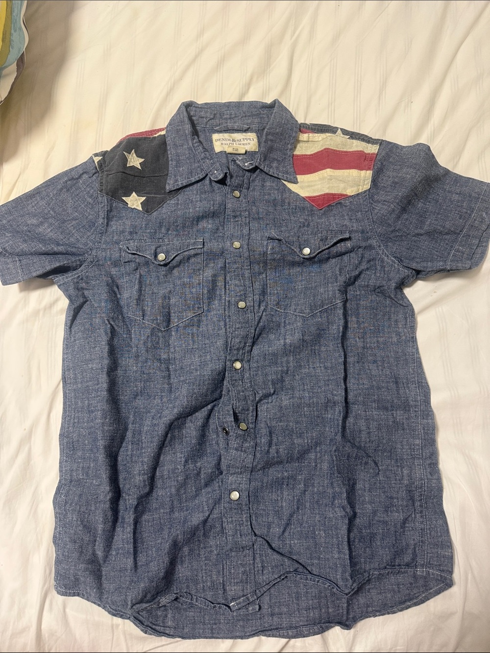 Ralph Lauren Blue Short-Sleeve Western Button-Down with Flag Yoke